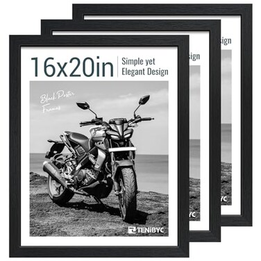 TENIBYC 16x20 Picture Frame Set of 3 Black Woodgrain Solid Wood HD Tempered Glass Wall Gallery Poster Frame