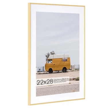 Fun Memories 22x28 Metal Picture Frame with 18x24 Mat Brushed Aluminum Finish Tempered Glass Front and Attached Hanging Hardware Wall Display Frames for Vertical or Horizontal Orientation Gold