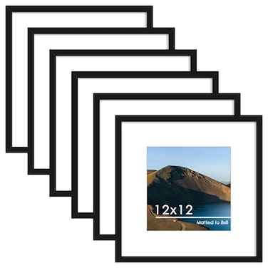 PEALSN 12x12 Picture Frame Set of 6 Display Pictures 8 x 8 with Mat or 12 x 12 without Mat for Wall Mounting Display Photo Frames Collage for Wall Decor Black