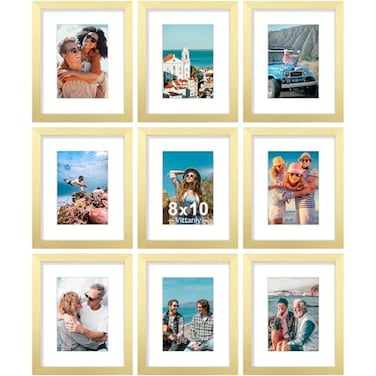 Vittanly 8x10 Picture Frames Set of 9 Shatter Resistant Plexiglass Display 5x7 Pictures with Mat or 8x10 without Mat Photo Frames for Wall or Tabletop Engineered Wood Gold