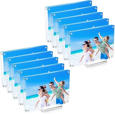 JUOIFIP 10 Pack 5x7 Acrylic Picture Frames Crystal Clear Frameless Double Sided Magnetic Photo Frames Freestanding Desktop Display with Detachable Stand Gift Box