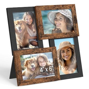 SONGMICS Collage Picture Frames 4x6 for Wall Decor Multi Family Photo for Gallery Decor Hanging Display Set of 4 Ink Black and Rustic Brown URPF025K01