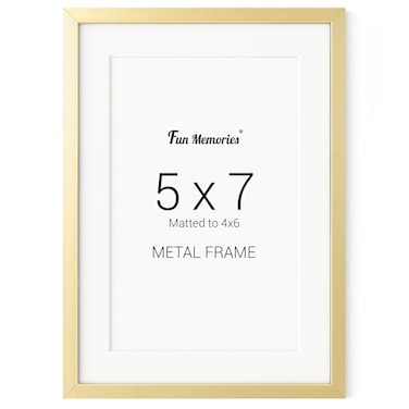Fun Memories 5x7 Metal Picture Frame 5 x 7 Metal Photo Frames with 4x6 Removable Mat Ideal for Wall or Tabletop Display Wall Hook Hanging Hardware Included Gold 1 Pack