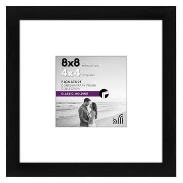 Americanflat 8x8 Picture Frame with ShatterResistant Glass Use as 4x4 Frame with Mat or Display 8x8 Photo Without Mat Signature Collection Square Frames for Tabletop and Wall Display Black