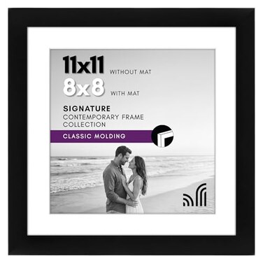 Americanflat 11x11 Picture Frame with ShatterResistant Glass Use as 8x8 Frame with Mat or Display 11x11 Photo Without Mat Signature Collection Square Frames for Wall Display Black