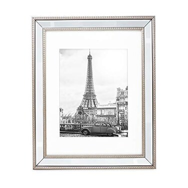 Isaac Jacobs 11x14 8x10 Mat Champagne Mirror Bead Picture Frame Classic Mirrored Frame with Dotted Border Made for Wall Display Photo Gallery and Wall Art 11x14 8x10 Mat Champagne