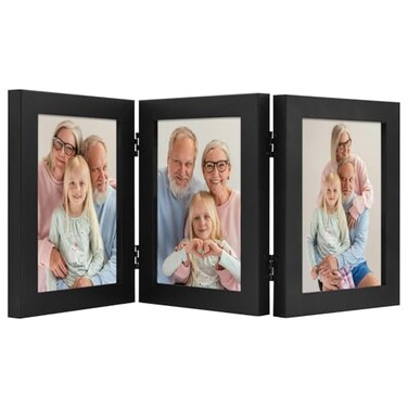 Frametory 5x7 Triple Picture Frames 3 Photo Frames Collage Real Glass Engineered Wood Triple Folding Frame Tabletop Vertical Display Black 1 Pack