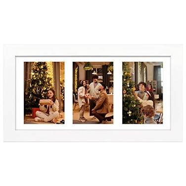 Golden State Art 7x14 White Photo Wood Collage Frame for 3 4x6 Pictures with White Mat Real Glass