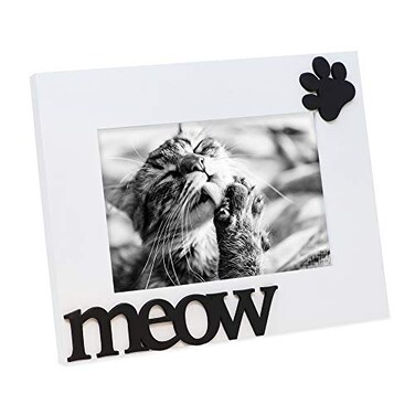 Isaac Jacobs White Wood Sentiments Cat Meow Picture Frame 4x6 inch Photo Gift for Pet Cat Kitten Display on Tabletop Desk White 4x6