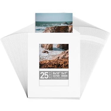Golden State Art 25 Pack 8x10 White Photo mat for 5x7 Photo Thick Cardstock Frame PreAdhesive Mat with Backing Board Include 25 Clear Bags Acid Free For Photo Storage Display And Mailing