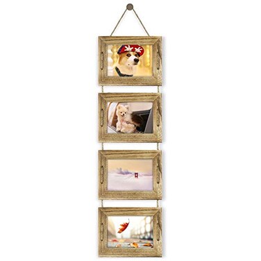 DLQuarts 5x7 Hanging Picture Frames Collage Wall Decor 4Opening 5x7 Matted to 35x5 Photo Rustic Wood Frame with Hemp Rope 1 Pack Carbonized Brown