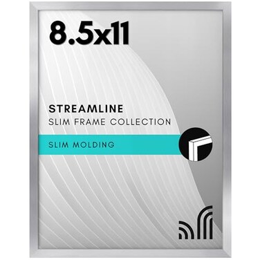 Americanflat 85x11 Picture Frame with ShatterResistant Glass Streamline Collection Thin Border Photo Frame for Tabletop and Wall Display Hanging Hardware and Easel Stand Included Silver