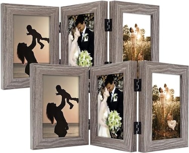 Golden State Art 4x6 Three Picture Frame Trifold Hinged Photo Frame with 3 Openings Desk Top Family Picture Collage with Real Glass 4x6 Triple Grey 2Pack