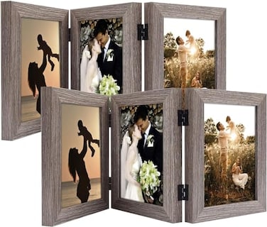 Golden State Art 5x7 Three Picture Frame Trifold Hinged Photo Frame with 3 Openings Desk Top Family Picture Collage with Real Glass 5x7 Triple Grey 2Pack