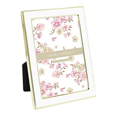 Laura Ashley 4x6 White Enamel Picture Frame Gold Metal Edge with Easel for Countertop Counterspace Tabletop Display Bookshelf Desk Wall Dcor Photo Gallery