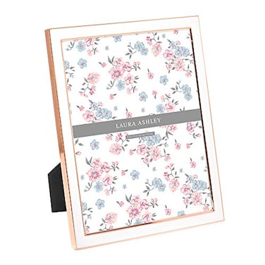 Laura Ashley 8x10 White Enamel Picture Frame Rose Gold Metal Edge with Easel for Countertop Counterspace Tabletop Display Bookshelf Desk Wall Dcor Photo Gallery