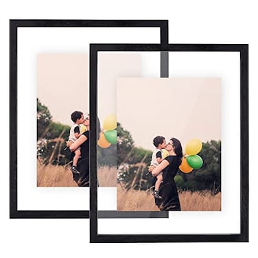 DLQuarts 11x14 Floating Photo Picture Frame Floating Display for Photos 8x10 7x9 5x7 85x11 Certificate or Full Display for 11x14 Photos Solid Wood Double Glass 2 Pack Charcoal Black