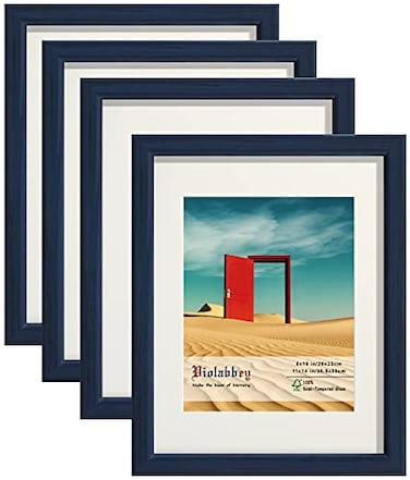 VIOLABBEY 11x14 Picture Frames Set of 4 Fits 8x10 Photo Frame with Ivory Mat or 11x14 Without Mat Wall or Tabletop Display Semi Tempered Glass Blue