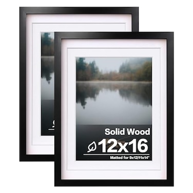 Egofine 12x16 Picture Frames Black Set of 2 Solid Wood Frames Covered by plexiglass Display photos 9x1211x14 with Mat or 12x16 without mat for Wall Mounting