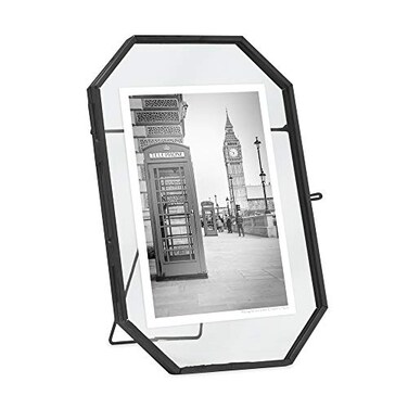 Isaac Jacobs 4x6 Vintage Style Octagon Brass Glass Metal Floating Picture Frame with Locket Closure Vertical Tabletop Display Fits up to a Cutout 4 x 6 See Image