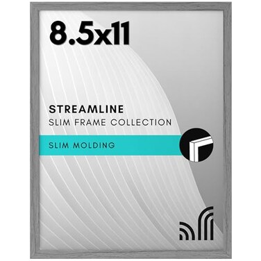 Americanflat 85x11 Picture Frame with ShatterResistant Glass Streamline Collection Thin Border Photo Frame for Tabletop and Wall Display Hanging Hardware and Easel Stand Included Grey