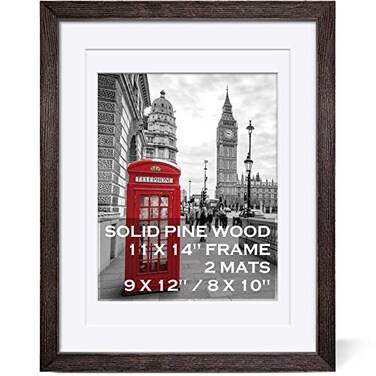 Tiblue 11x14 Rustic Picture Frames Solid Wood Display Pictures 9x12 or 8x10 with Mat or 11x14 Frame without Mat Farmhouse Wooden Photo Frame 11x14 inch with 2 Mats for Wall Mounting or Table Top