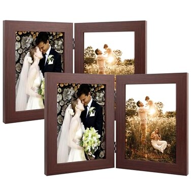 Golden State Art 5x7 Double Picture Frame Vertical Hinged Photo Frame 2 Opening Folding Family Frames Collage with Real Glass 5x7 Brown 2Pack