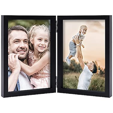 WUTL 5x7 Double Picture Frames Hinged MDF Wood with Real Glass Stand Vertical on Tabletop Black