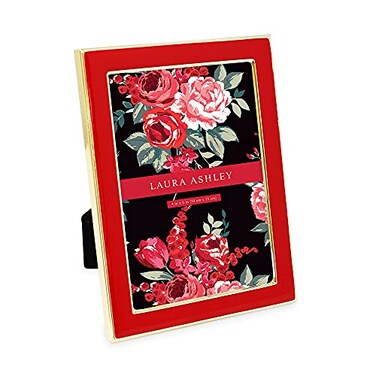 Laura Ashley 4x6 Red Enamel Picture Frame Gold Metal Edge with Easel for Countertop Counterspace Tabletop Display Bookshelf Desk Wall Dcor Photo Gallery 4x6 Red WGold