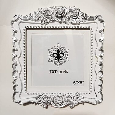 ZXT-parts 5x5 Picture Frame Square White and Silver Edge Frame Resin Handmade Photo Frame Glass Panel Black Suede CoverEuropean Style Suitable for Wall or Desktopfor 4x4 Photo with Mat 5x5 Photo witho