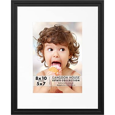 Langdon House 8x10 Black Picture Frame wRemovable Mat to 5x7 Modern StepDown Molding Tabletop Easel Included Estate Collection