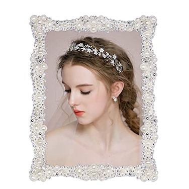 DIKAR 5x7 Picture Frame Wedding Picture Frame for Metal Frame with HD Acylic Front Tabletop and Wall Art Display Pearls Diamond Photo Frame for Wedding Valentines Day Gifts