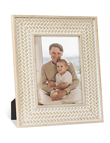 Sonefreiy 5x7 Picture Frame Boho Picture Frames Rattan Pattern 5 x 7 Photo Frame for Desk and Wall Gift for Family Mom Dad Grandma Friends Beige Yellow