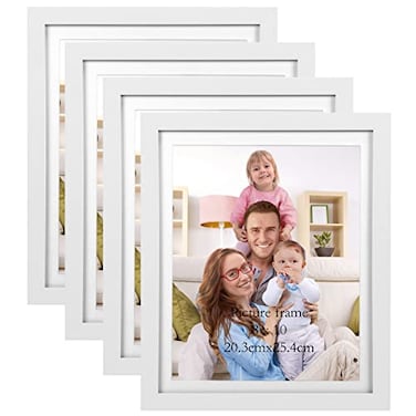 Giftgarden 8x10 Picture Frame Set of 4 White Wood Grain 9x11 Frames Matted to 8 x 10 Photos with Mat for Wall or Tabletop