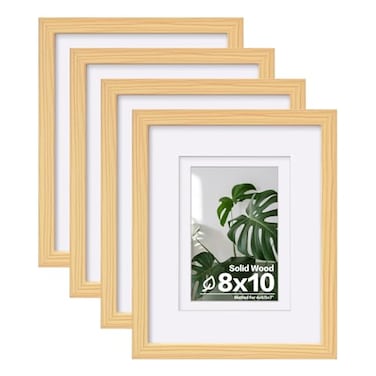 Egofine 8x10 Picture Frames Natural Wood Frames with Plexiglass Display Pictures 4x65x7 with Mat or 8x10 Without Mat Set of 4 for Tabletop and Wall Mounting