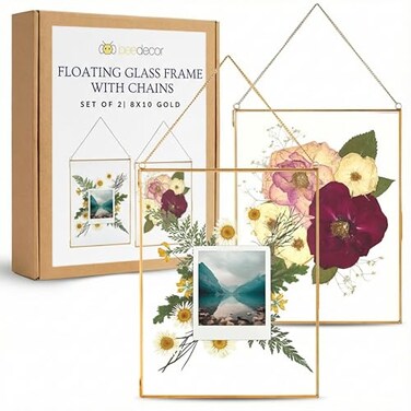 Beedecor Double Glass Frame for Pressed Flowers Leaf and Artwork Set of 2 Hanging Picture Frames Tempered Glass Floating Pressed Flower Frames Large Rectangular Wall Decor Photo Display Clear Metal G