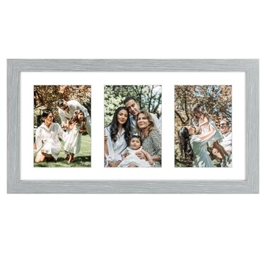 Golden State Art 9x18 Grey Wood Frame White Mat for Three 5x7 Pictures Sawtooth Hangers Swivel Tabs Wall Mounting LandscapePortrait Real Glass Collage Frame