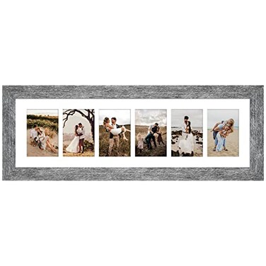 Gaevuian 8x26 Picture Frame Display 6 opening 4X6 Picture Frame CollageMulti Photo Frame with MatPlexiglassWall or Tabletop DecorGrey Wood Grain
