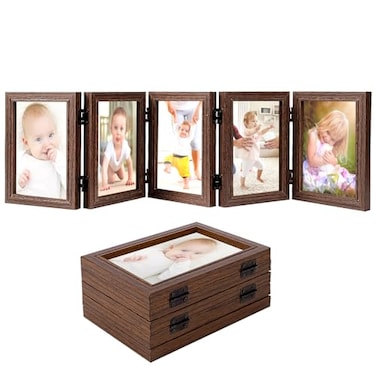 Biggun 5x7in 5 Folding Accordion Picture Frame Foldable Hinged Collage Photo Frames for Tabletop Display Multiple Family Pictures Mothers Day Birthday Gifts Brown
