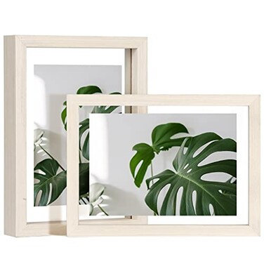 Egofine 5x7 Floating Frames Set of 2 Double Plexiglass Picture Frame Made of Solid Wood Display Any Size Photo up to 5x7 Wall Mount or Tabletop Standing Beige