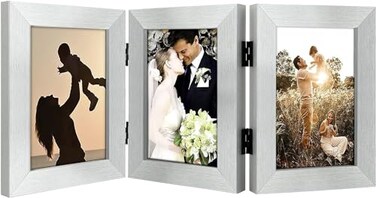 Golden State Art 4x6 Three Picture Frame Trifold Hinged Photo Frame with 3 Openings Desk Top Family Picture Collage with Real Glass 4x6 Triple Silver 1Pack