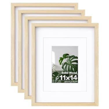 Egofine 11x14 Picture Frames Set of 4 Made of Solid Wood Covered by Plexiglass 5x7 and 8x10 with Mat or 11x14 without Mat for Table Top Display and Wall Mounting Photo Frame Oak Wood