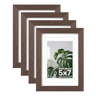 Egofine 5x7 Picture Frames Set of 4 Made of Solid Wood Covered by Plexiglass 35x5 and 4x6 with Mat or 5x7 without Mat for Table Top Display and Wall Mounting Photo Frame Brown