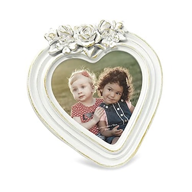 Isaac Jacobs 4x4 HeartShaped Resin Picture Frame with Rose Design Decorative Photo Frame Tabletop Wall Display Hanging Display Home Dcor White With Gold