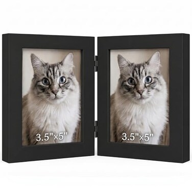 Lyeasw 35x5 Picture Frame Double Hinged Classic Two Opening 35 by 5 Family Dual Photo Frame with Glass Black Folding FreeStanding Vertical Frame for TabletopDesktop or Shelf