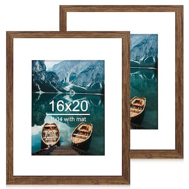 Hongkee 16x20 Frames Set of 2 Rustic Brown Wood Style Display 16 x 20 Picture without Mat or 11x14 Picture with Mat Wall Mounting Horizontal and Vertical