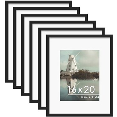 PEALSN 16x20 Picture Frame Set of 6 Display Pictures 11 x 14 with Mat or 16 x 20 without Mat for Wall Mounting Display Poster Frames Collage for Wall Decor Black