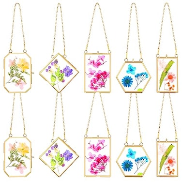 BBTO 10 Pcs Glass Frame for Pressed Flowers 5 Different Shapes Brass Hanging Picture Frame with Chain Pressed Flower Glass Photo Frames for Artwork Frame Home Wall Decor Plant Specimen Gold