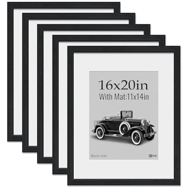 VCK 16x20 Frames 5 Pack Natural Wood Grain Black Oak HD Glass Display 11x14 Picture with Mat or 16x20 Picture without Mat Wall Hanging