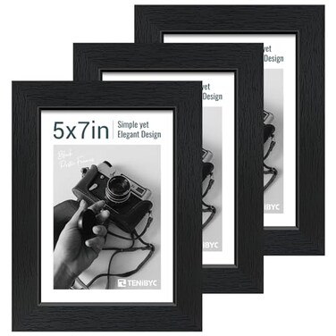 TENIBYC 5x7 Picture Frame 3 Pack Black Woodgrain Solid Wood HD Tempered Glass Table Display or Wall Hanging